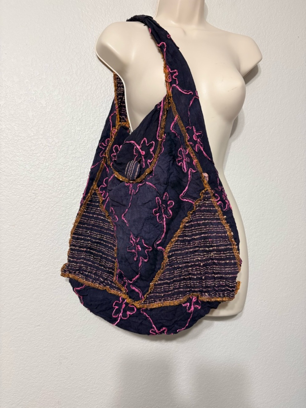 Steel Pony Reversible Fabric Boho Embroidered Sling Slouch Bag Navy Pink Accents
